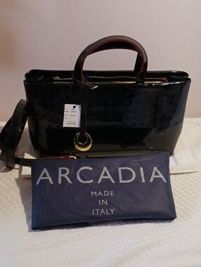Arcadia Black Patent Leather Satchel with Gold Hardware Detachable Strap